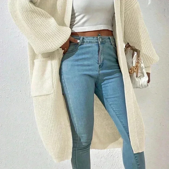 Beige Casual Women's Dual Pocket Drop Shoulder Open Front Cardigan - Picture 2 of 8